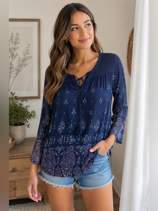 Tops - Lucky brand navy Blue Boho Paisley Tassel Tie Peasant Top Size M 3/4 sleeve